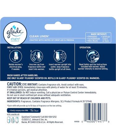 Glade PlugIns Refills Air Freshener  Scented and Essential Oils for Home and Bathroom  Clean Linen  2.01 Fl Oz  3 Count Clean Linen 3 Count (Pack of 1) - Buy Online on GoSupps.com