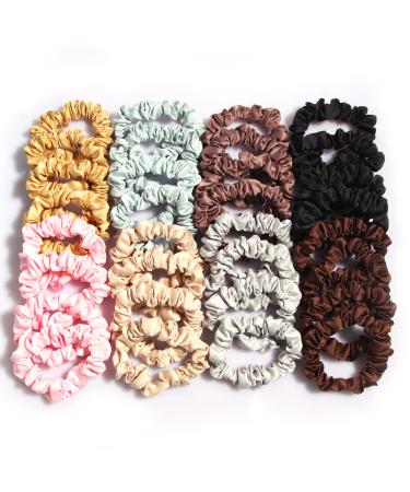 Satin Scrunchies Ties for Women Girls Hair Small Elastic Band Furling Pompoms 32 Pcs Hair Bobbles Scrunchie Thick Thin Hair Ponytail Holders Accessories Charm Mixed Color