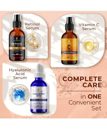 Pack of 3 Vitamin C Hyaluronic Acid & Retinol Serums - Anti-Aging Facial Treatment for Neck & Chest | Fights Pigmentation Fine Lines & Wrinkles - Buy Online on GoSupps.com