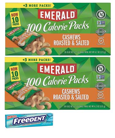 Emerald Cashews Roasted and Salted 100 Calorie Packs. Healthy, Low Carb Protein Snacks. Includes 2 Boxes Plus a 5 Pack Gum Sample.