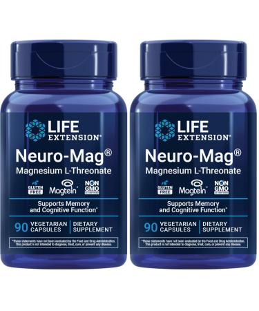 Life Extension Neuro-mag Magnesium L-threonate Magnesium L-threonate Brain Health Memory & Attention Gluten Free Vegetarian Non-GMO 90 Vegetarian Capsules (Pack of 2)