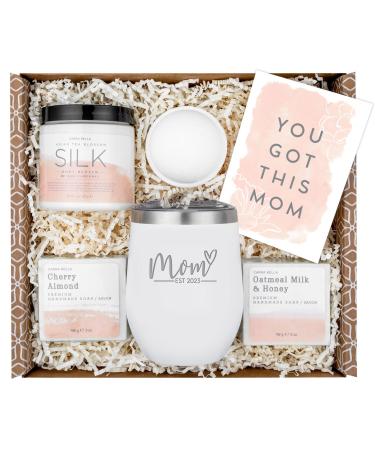 New Mom Gifts for Women - Mom Est. 2023 Spa Gifts Basket for Women w/ 12 oz White Tumbler - Mothers Day Gifts Self Care Kit Relaxing Gifts for New Mom after Birth - Pregnancy Gifts for First Time Moms 2023 - White
