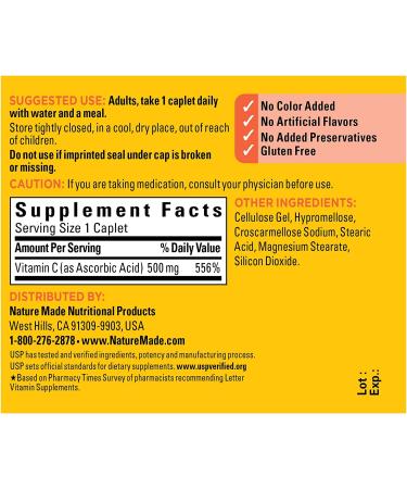 Nature Made Vitamin C 500 mg | 100 Caplets - Immune Support Supplement - Buy Online on GoSupps.com