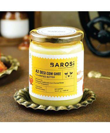 Barosi A2 Cow Ghee 17oz - Grass Fed Clarified Butter - Handcrafted & Pure - Sustainable Glass Packaging - Buy Online on GoSupps.com