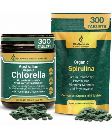 Biogenesis 100% Australian Organic Greens Kit Spirulina Mini Tabs (200mg) & Chlorella Tablets (500mg) BioDynamic Cracked Cell Wall Algae Rich in Chlorophyll & Phycocyanin for Energy Immunity & D