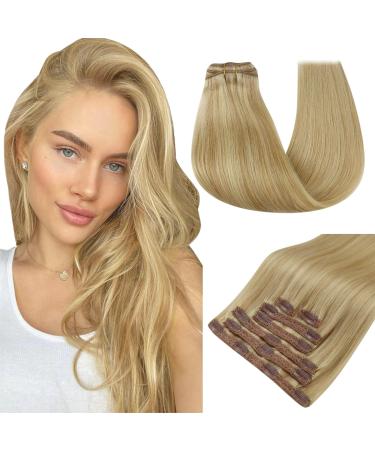 Runatur real hair Extensions clip blond highlights 55cm real hair 7PCs clip in extensions real hair gold blonde highlight light blonde clip extensions real hair seamless 120g #16P24 55cm-7P24