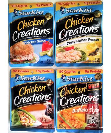Starkist CHICKEN CREATIONS Ultimate Variety 8 Pack, NEW for 2018! 2 Packs each of CHICKEN SALAD, ZESTY LEMON PEPPER, BUFFALO STYLE, GINGER SOY.