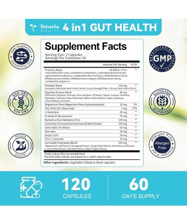 4-in-1 Gut Health Supplement with Probiotics Prebiotics Postbiotics & Digestive Enzymes for Women & Men 60 Billion CFU Probiotics for Gut and Digestion Strong Immunity Skin (120 Capsules) 120 Count (Pack of 1) - Buy Online on GoSupps.com