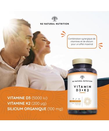 Vitamin D3 K2 Natural High Dosage Vitamin D3 5000 iu + Vitamin K2 MK7 200 g + Silicon Contributes to Immune System Functioning Bones and Teeth 150 Capsules N2 Natural Nutrition - Buy Online on GoSupps.com