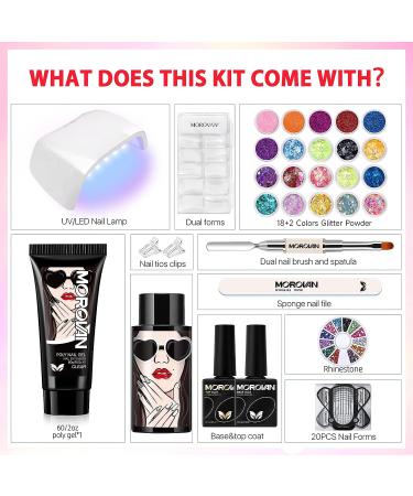 Morovan Poly Gel Nail Kit with UV Lamp - Clear Poly Nail Gel Kit with Glitter | 20 Nail Art Tools Included - Buy Online on GoSupps.com