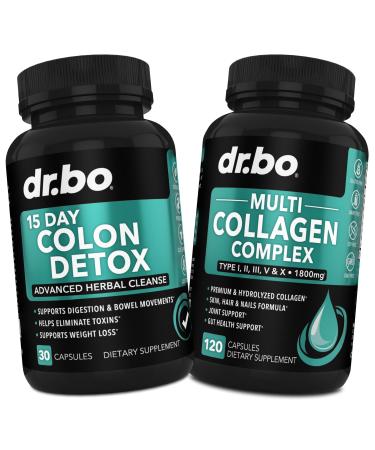 Colon Cleanse Detox & Collagen Peptides - 15 Day Colon Cleanse Pills & Probiotic - Multi Collagen for Women & Men Complex Capsules Skin Hair & Nails - Bowel Movement Supplements for Stomach Bloating