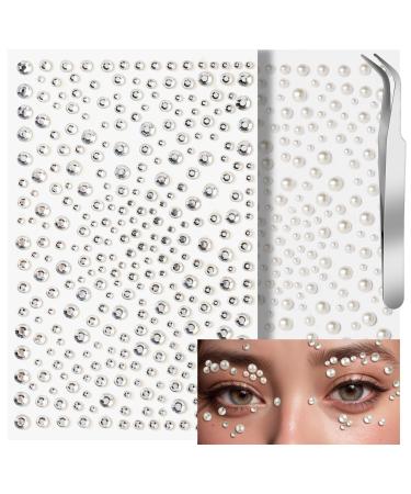 Teenitor Face Gems Self Adhesive Face Rhinestone Makeup Festival Face Jewels Stick On Pearls Hair Gems Concert Makeup Gems for Face Hair Body Eye Clear/White