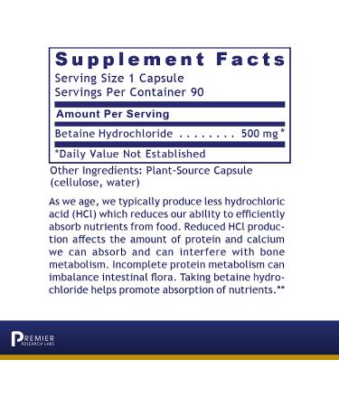 PRL HCL Betaine Hydrochloride Acid Supplement - Digestion Support - 90 Vegan Capsules - Buy Online on GoSupps.com