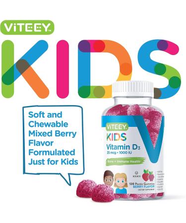 Kids Vitamin D3 Gummies 1000 IU - Bone & Immune Health Support - Berry Flavored Chewable Supplement - 120 Count Pack - Buy Online on GoSupps.com
