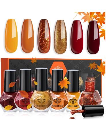 modelones Nail Polish Set 6 Colors Fall Gold Yellow Glitter Nail Polish Kit Orange Red Brown Quick Dry Nail Polish Set Manicure Nail Art Manicure DIY Home Salon Gift for Women Mom A0-Fall Queen