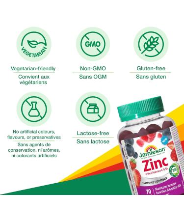 Jamieson Zinc Gummies Mixed Berry Flavour 70 Count Maintains Immune Function & Healthy Skin - Buy Online on GoSupps.com