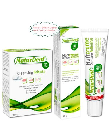 Natural Strong Denture Adhesive Cream NaturDent Holds Dentures Longer and Stronger NO Zinc NO Paraben No Yucky Taste Bundle with NaturDent Denture Cleaner 48 Tablets