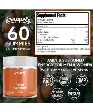 Droppels Iron Gummies 18mg for Women and Men Vegan Plant-Based Iron Supplement | Supports Energy & Blood Health | Pectin-Based Non-GMO Gluten & Gelatin Free | Tamarind Flavor 60 Count - Buy Online on GoSupps.com