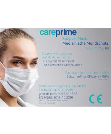 CarePrime Type IIR Medical Face Mask | Surgical Face Mask | 50 pcs | BFE 98% | EN14683:2019 | CE Certified | Ships Internationally - Buy Online on GoSupps.com