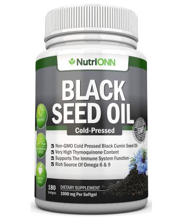 Black Seed Oil - 1000 Mg - 180 Softgels - Cold-Pressed Non-GMO Black Cumin Seed Capsules - Super High Thymoquinone Content - Nigella Sativa - Rich in Omega 6 & 9 Fatty Acids - Immune & Joint Support