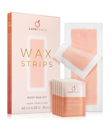 Wax Strips for Hair Removal - 40 Body Wax Strips for Women, Men - Arms, Legs, Chest, Bikini, Face, Lips, Eyebrows - Womens and Mens Brazilian Waxing Kit With Strips - 6 Wipes - Sensitive Skin - Vegan Cruelty Free