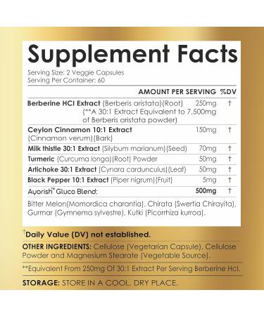 Ayorish Berberine Supplement High Strength 7500mg Equivalent Berberine with Ceylon Cinnamon Milk Thistle & Turmeric 120 Vegan Capsules Non-GMO USA Formulated - Buy Online on GoSupps.com