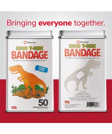 BioSwiss Kids Bandages | 50pcs Sterile Colorful Dino Shaped Bandages for Toddlers & Adults | First Aid for Scrapes & Cuts | Reusable Tin Included - Buy Online on GoSupps.com