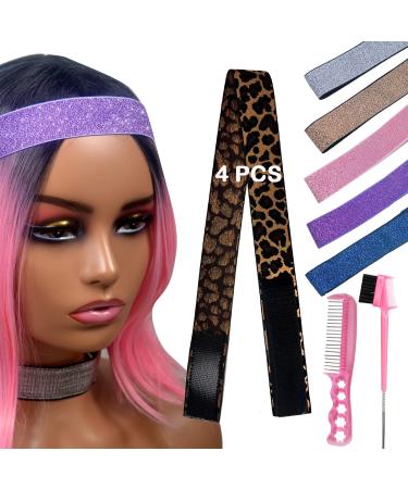HIGHSHION 4pcs Edges band for making wig  Glitter Elastic Lace Melting Bands Wig Band Wrap to Lay Edges Edge Laying Band for Sewing(Leopard print 4pcs)