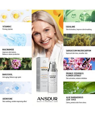 ANSDUR Super Vitamin C Serum for Women 70+: Anti-Aging Hydrating Face Serum with Niacinamide Bakuchiol & Hyaluronic Acid - Korean Skincare 1 fl oz - Buy Online on GoSupps.com