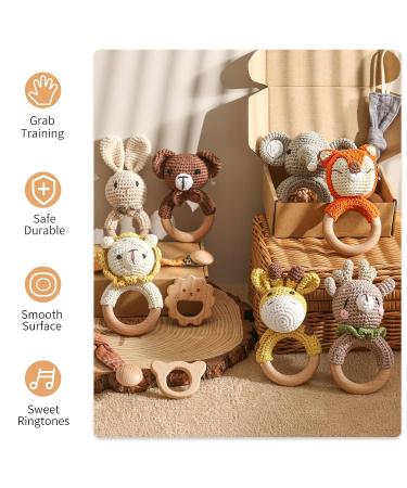 Wooden Baby Rattle - Crochet Lion Newborn Toy with Natural Wood Teething Ring - Handmade Gift for Boys and Girls - Buy Online on GoSupps.com