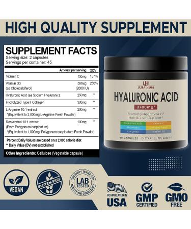Hyaluronic Acid Capsules 3700mg with Collagen Peptide and Vitamins - Anti-Aging Supplement for Skin, Hair, and Joints - 90 Count - Buy Online on GoSupps.com
