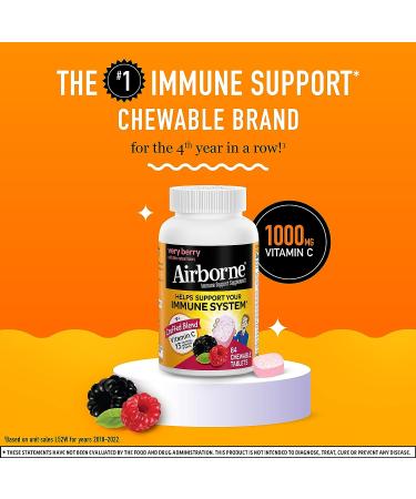 Airborne 1000mg Vitamin C Chewable Tablets with Zinc - 64 Chewable Tablets, Very Berry Flavor, Immune Support Supplement - Buy Online on GoSupps.com