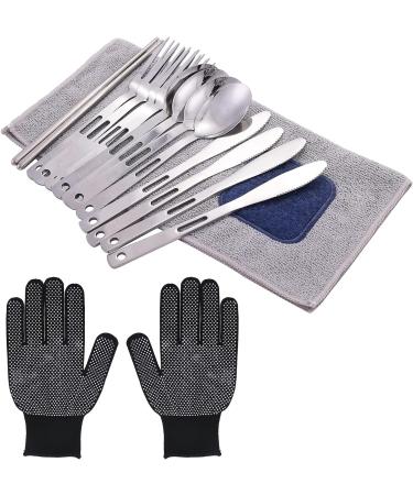 Stainless Steel Camping Mess Kit - 28 Pcs Dinnerware Set for 4 - Plates, Bowls, Cutlery, Gloves & Rag - Ideal for Hiking, Picnics - Black - Buy Online on GoSupps.com