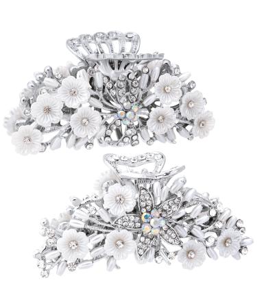 ANCIRS 2 Pack Rhinestone Hair Claw Clips for Women Crystal Non-Slip Vintage Hair Clamps Pins Updo Grip Accessories for Girls- Flower & Butterfly