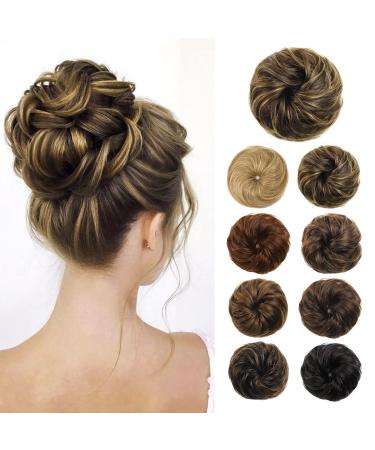 Flufymooz Messy Bun Hair Piece  100% Real Human Hair Tousled Updo Extension Natural Curly Messy Bun with Elastic Band Hair Bun Hair Piece Ponytail Extensions for Women(Medium Brown with Highlights) 1PC Medium Brown with ...