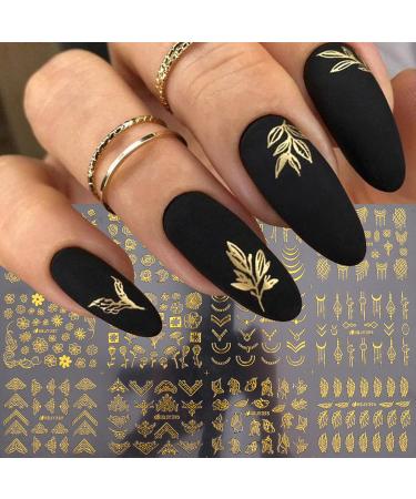 Gold Nail Art Stickers Flower Nail Stickers 3D Metallic Self-Adhesive Nail Decals Gold Flower Leaf Lace Nail Art Supplies Luxury Nail Sticker Geometry Line Nail Designs for Women Nail Art Decoration
