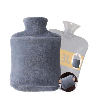 Hot Water Bottle with Fashy Faux Fur Cover 3L Extra Large Kids Grey Plush Hot Water Bottle Set with Hand Pocket and Zipper for Neck Shoulder Stomach Hand Feet Warmer Gift for Women Men Children 3L Grey