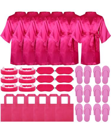 SOMSOC 30 Pieces Spa Party Costume Set for Girls Satin Kimono Robe Spa Headband Patch Non-woven Bag Foam Pedicure Slippers 6 Hot Pink
