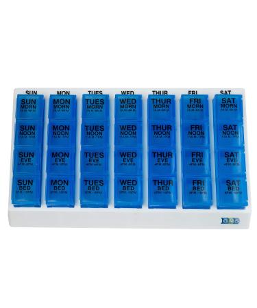 GMS 4 Times Per Day Weekly Slant Tray Pill Organizer - Includes 7 Removable Pill Boxes for Organizing and Reminding Medications While Traveling Working and Other Daily Activities (Blue)