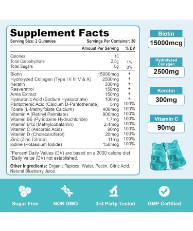 Biotin with Collagen Gummies Hair Skin and Nails Vitamins Gummies for Hair Growth Glowing Skin & Strong Nails - Blueberry Flavor Sugar Free 120 Count 60 Count (Pack of 2) - Buy Online on GoSupps.com