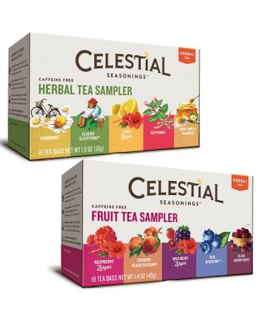 Celestial Seasonings Herbal Tea Flavor Bundle: 2 Boxes Herbal Tea Sampler, Fruit Tea Sampler 18 Count (Pack of 2)