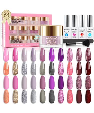 Lavender Violets 20 Colors Dip Powder Nail Kit Starter 0.5 oz/bot. Large Jar Glitter Nude Pink Dipping Powder Set with Dip Liquid Gel, Nail Brush and Nail File, Pop the Champagne Collection K934