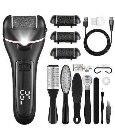 Bemece Electric Foot File Callus Remover Bemece Professional Rechargeable Waterproof Pedicure Kit with 10 in 1 Foot Files Pedicure Tools Set for Cracked Heels Calluses and Dead Skin(Black)
