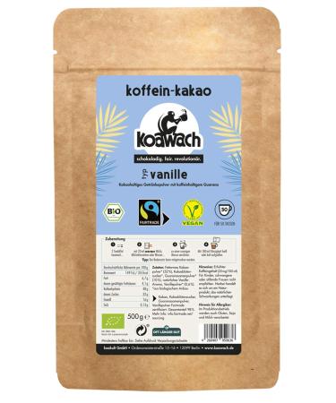 Koawach vanilla cocoa powder drinking chocolate - caffeine cocoa guarana vegan hot chocolate drink vanilla less sugar coconut blossom sugar Energy drink baking bio fairtrade (500g) type vanilla 500 g (1 Pack)