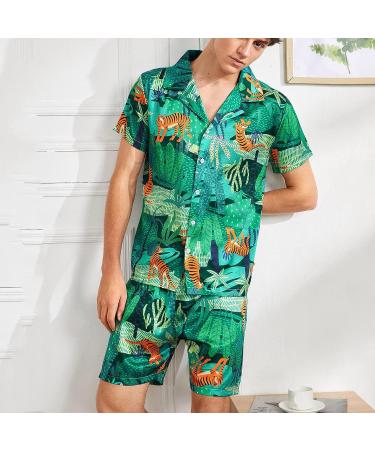 FORUU Men's Satin Pajama Set 2022 | Summer Print Short Sleeve Hawaii Shirt and Shorts Set | Imitation Silk Color Ding Home Suit - Small #01 Green - Buy Online on GoSupps.com