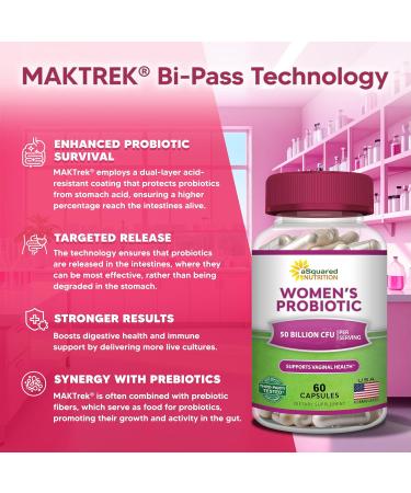 aSquared Nutrition Probiotics for Women - 50 Billion CFU Women's Probiotic Supports Digestive Gut Vaginal & Urinary Tract Health - Prebiotics for Females - 60 Capsules - Alt to Gummies - Buy Online on GoSupps.com