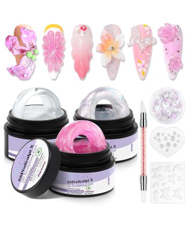 Saviland SAVILAND 3D Gel Nail Art Kit 3D Gel Carving Clear/Pink/Silver with Brush Sculpture Modeling Patterns for Decoration Strengthening Nails Nail Art Design