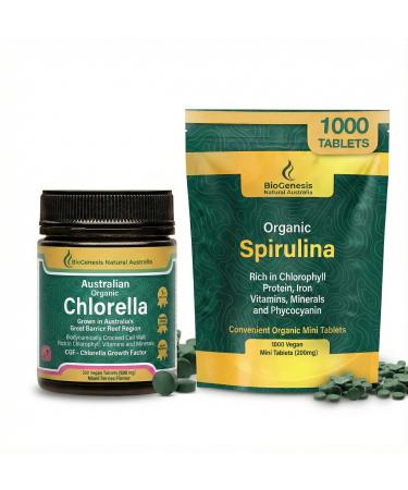 Biogenesis Total Wellness Green Stack: Spirulina Mini Tablets (1000 Count 200mg) & Chlorella Tablets (300 Count 500mg) Plant-Based Energy Immunity & Detox Support Vegan Non-GMO 2 Pack Kit