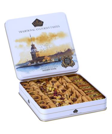 Cerez Pazari Premium Assorted Baklava Pastry Gift Basket Tin Box 1.32lbs  Apprx.45-48 pcs | Turkish Pistachio, Almond, Walnut, Cashew, Hazelnut Traditional Dessert | No Preservatives, No Additives
