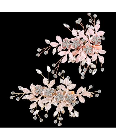 2 Pieces Light Rose Gold Wedding Flower Clip  Handmade Head Pieces Wedding Hair Rhinestone Bridal Comb Barrette  Floral Leaf Bridal Hair Accessories for Brides and Bridesmaid